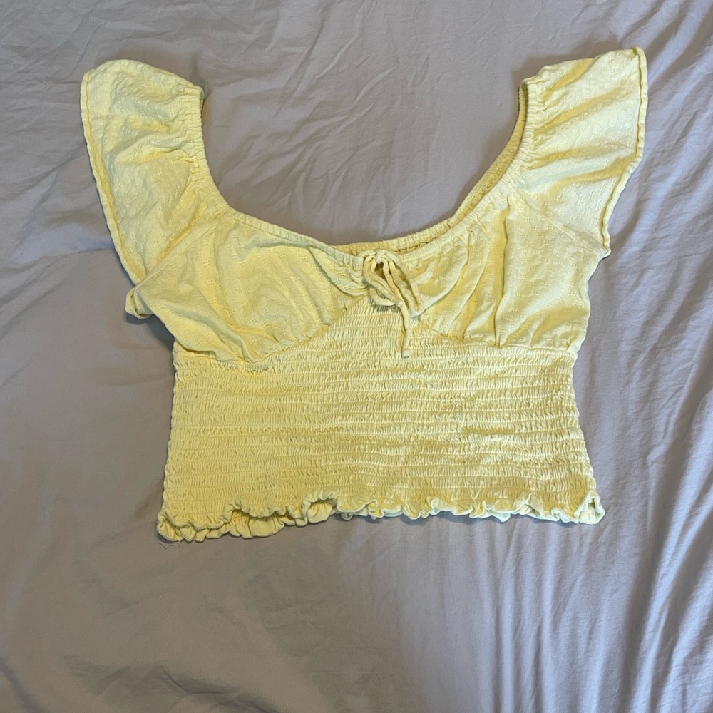 Billabong Yellow Embroidered and Smocked Tie Front Crop Top